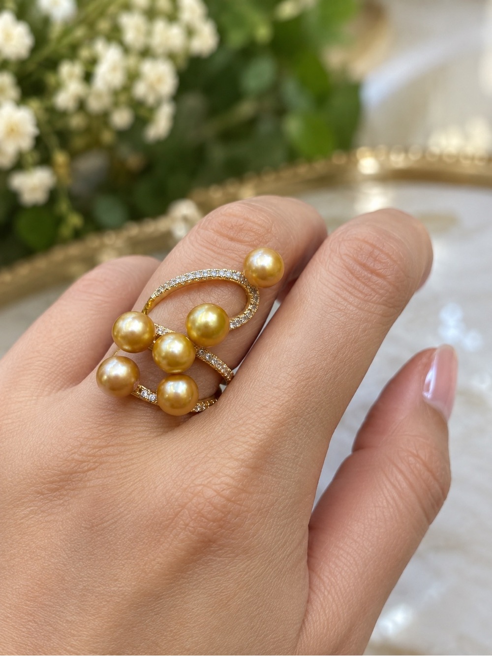NWOT Authentic Freshwater Golden Pearl Leaf Drop Earrings and Ring Set - Picture 2 of 3